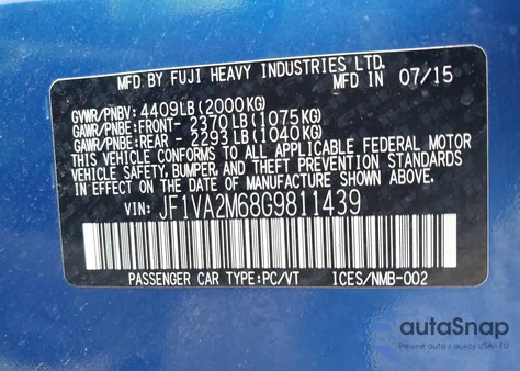 2016 Subaru Wrx Sti из США, поврежденный, VIN JF1VA2M68G9811439